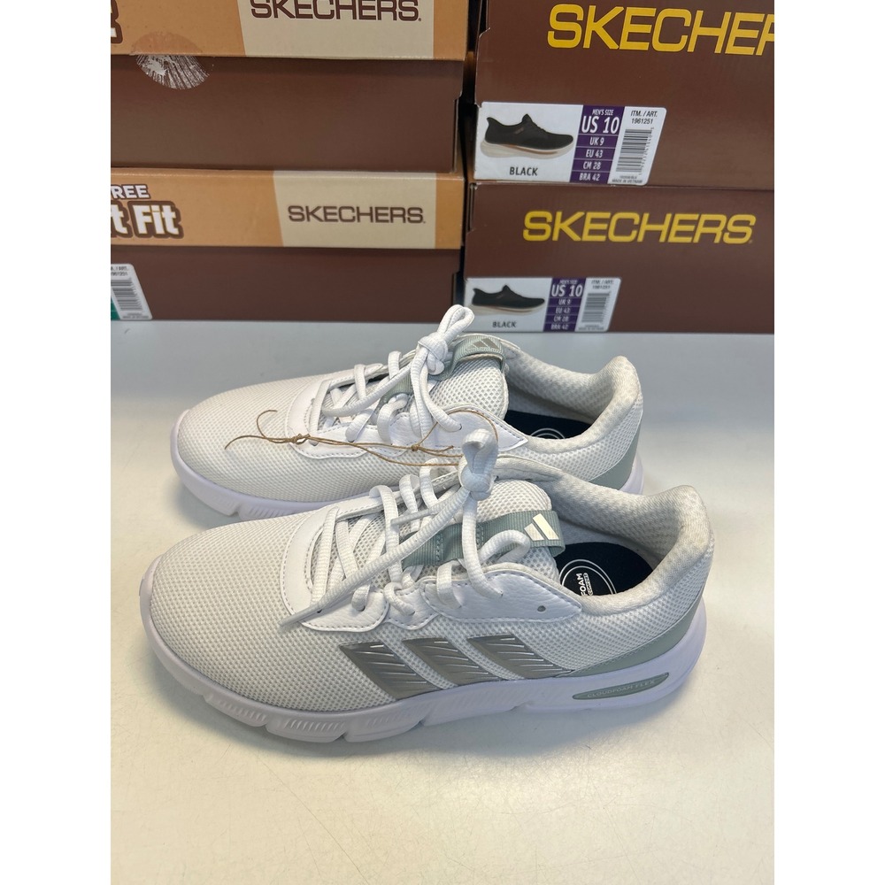 Adidas Cloudfoam Flex Sneakers Womens 8 White Wide Fit Silver Running Shoes 0631